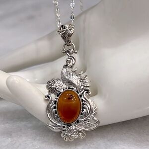 Baltic Amber Sterling Silver Floral Leaf Coil Pendant Necklace
